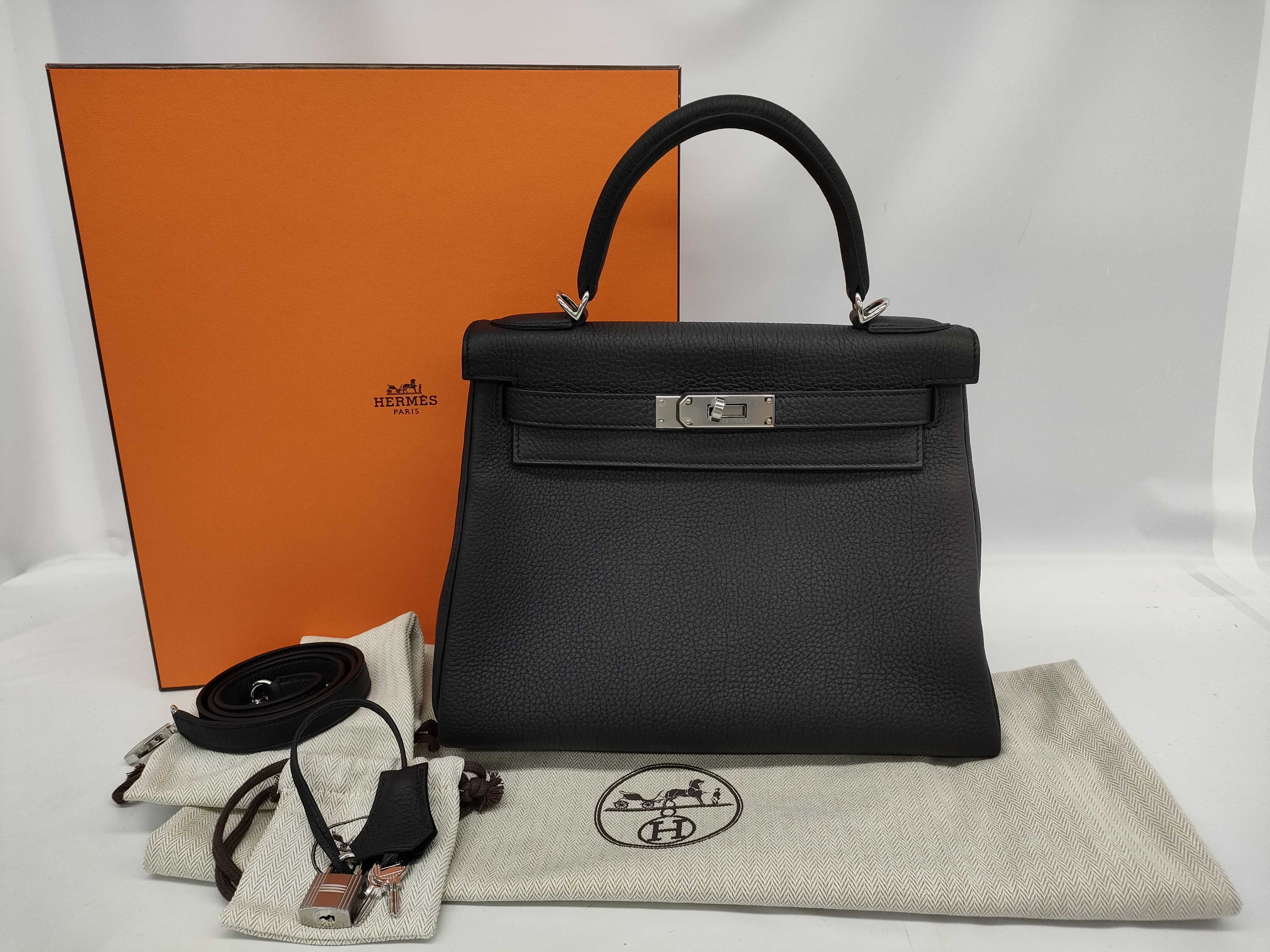 HERMES Kelly Kelly 28 Black Silver Hardware Togo W Engraved Handbag